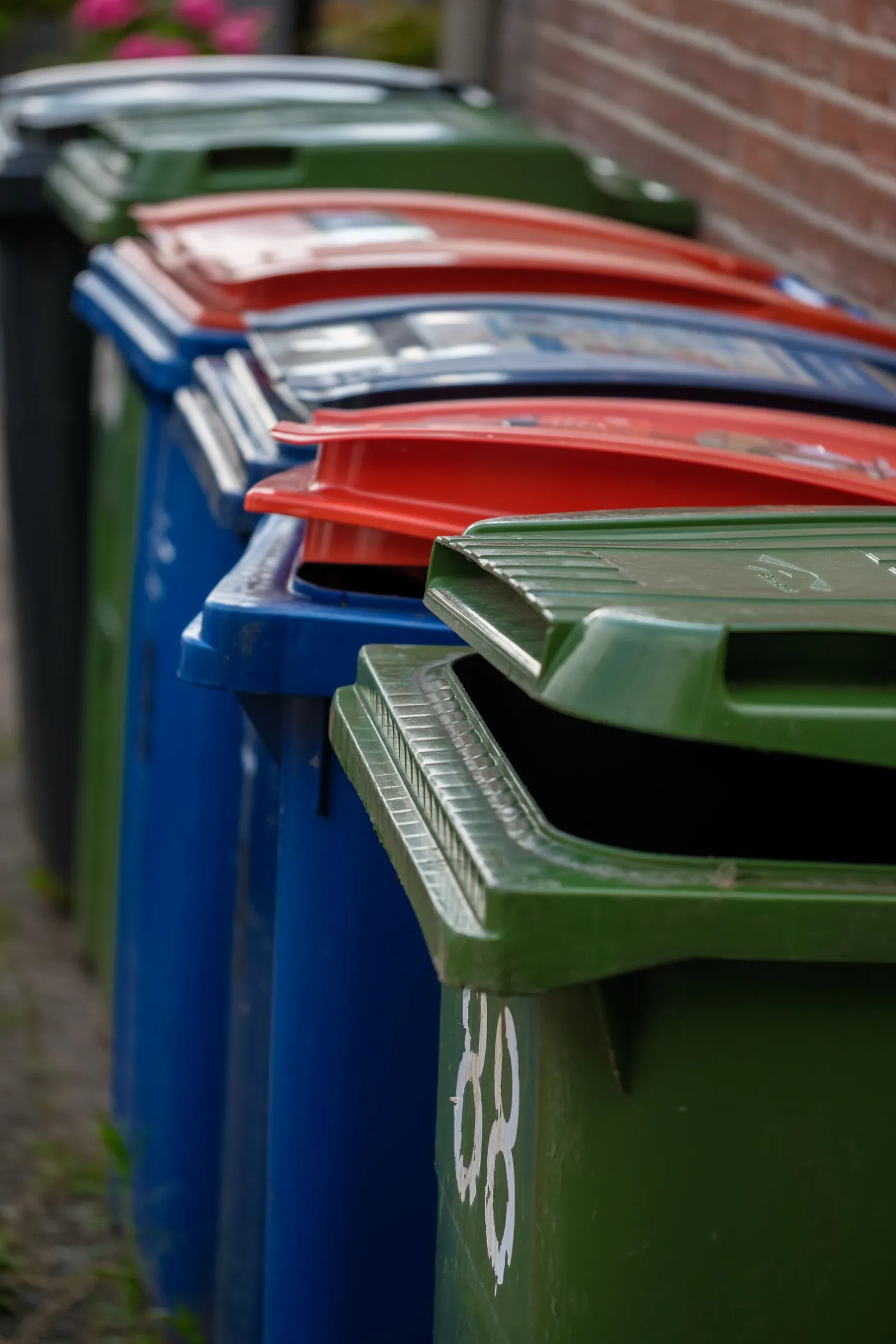 Green, blue and red wheelie bin lids in a row beside a brick wall