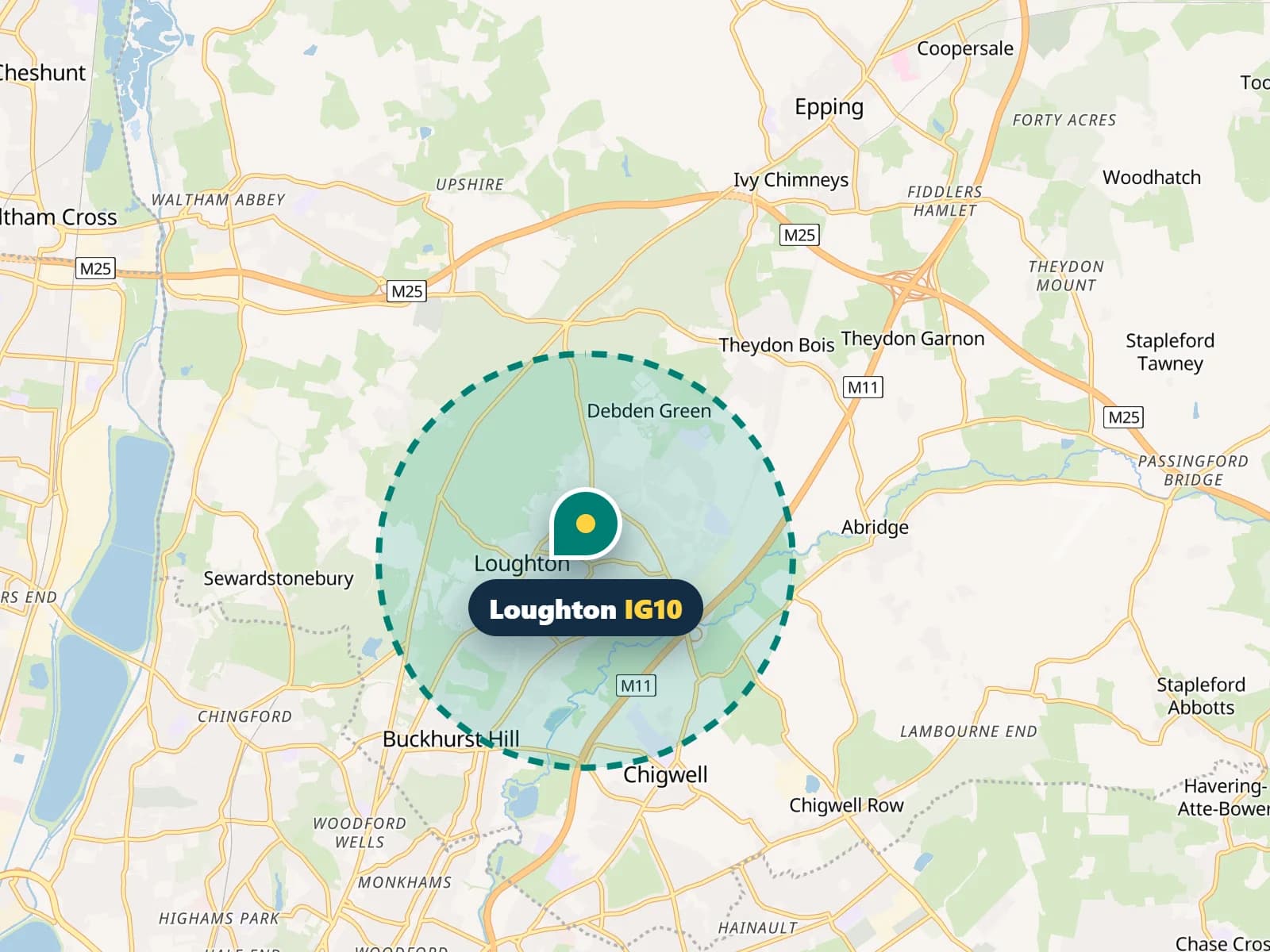 Map of Loughton, Essex, with the IG10 area highlighted, and Epping, Theydon Bois, Chigwell and Buckhurst Hill around it